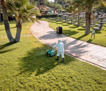 Una persona con un traje de protección blanco y gorra blanca empuja un equipo de pulverización verde por un sendero de cemento que atraviesa un amplio césped verde. Alrededor del césped hay palmeras y numerosas tumbonas bajo sombrillas de paja, sugiriendo un entorno turístico.