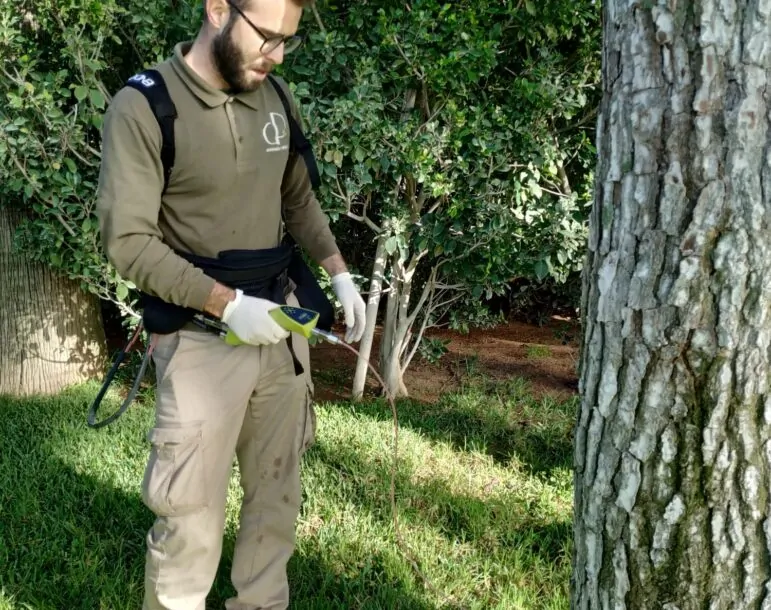 écnico especializado realizando tratamiento fitosanitario en un árbol con equipo de inyección
