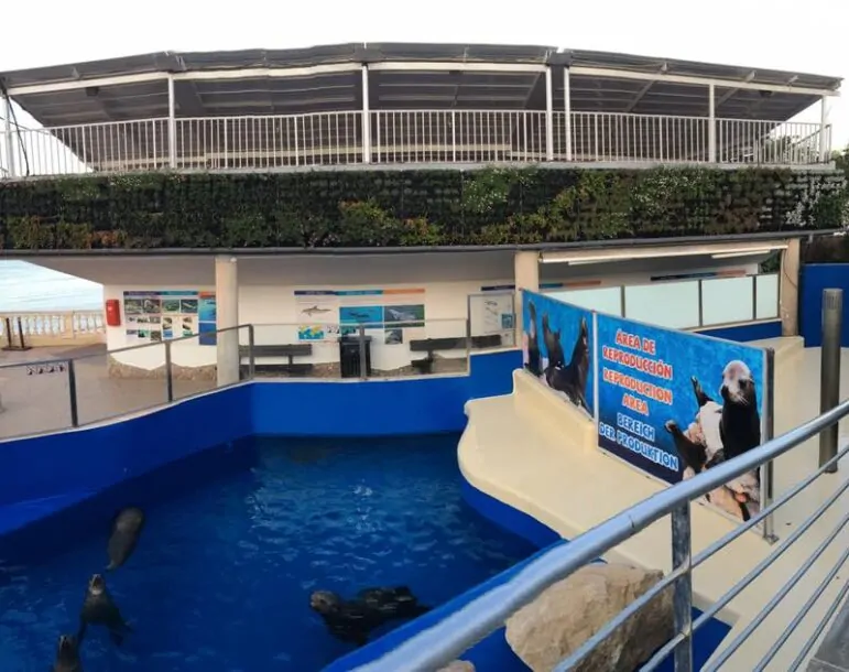 Instalaciones de un acuario con piscina para lobos marinos y área de reproducción, con jardín vertical en la parte superior